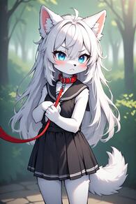 1girl :< ahoge animal_ear_fluff animal_ears artist:furryfunparty black_sailor_collar black_skirt blue_eyes blush character:yuki collar furry furry_female leash loli long_hair outdoors pleated_skirt sailor_collar serafuku shirt skirt sleeveless solo tail white_fur white_hair young // 512x768 // 91KB