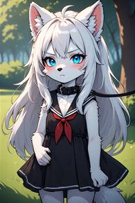 1girl ahoge animal_ear_fluff animal_ears artist:furryfunparty black_dress blue_eyes blush character:yuki collar dress furry furry_female leash loli long_hair looking_at_viewer outdoors sailor_collar short_dress sleeveless sleeveless_dress solo tail white_fur white_hair young // 512x768 // 108KB
