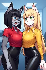 2girls animal_ears artist:furryfunparty black_hair black_skirt blonde_hair blue_eyes breast_press breasts character:Gabby character:Kitty_Karmine collared_shirt furry furry_female glasses green_eyes grey_fur large_breasts long_hair multiple_girls open_mouth pencil_skirt red_shirt shirt shirt_tucked_in short_hair skirt tail teeth wolf_ears wolf_girl // 512x768 // 147KB