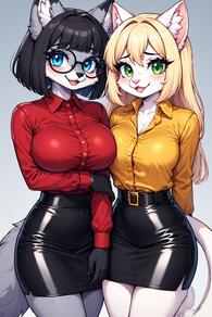 2girls animal_ear_fluff animal_ears artist:furryfunparty belt black-framed_eyewear black_hair black_skirt blonde_hair blue_eyes blush body_fur breasts cat_ears cat_girl cat_tail character:Gabby character:Kitty_Karmine collared_shirt furry furry_female glasses green_eyes grey_fur large_breasts long_hair long_sleeves looking_at_viewer multiple_girls open_mouth pantyhose pencil_skirt red_shirt shirt shirt_tucked_in short_hair skirt smile tail tongue tongue_out yellow_shirt // 512x768 // 158KB