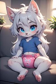 1girl ahoge animal_ear_fluff animal_ears artist:furryfunparty barefoot blue_eyes blue_shirt blush character:yuki diaper feet furry furry_female indoors legs loli long_hair looking_at_viewer navel shirt short_sleeves sitting smile soles solo spread_legs toes underwear white_hair young // 512x768 // 91KB