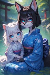 2girls animal_ears artist:furryfunparty black_hair blue_eyes blue_kimono character:Gabby character:yuki female furry furry_female glasses japanese_clothes kimono lily_pad looking_at_viewer multiple_girls obi outdoors round_eyewear sash short_hair sitting smile tail torii water white_hair // 512x768 // 155KB