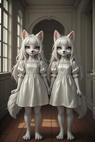 2girls animal_ears artist:furryfunparty blue_eyes character:yuki dress furry furry_female indoors long_hair looking_at_viewer multiple_girls short_sleeves siblings standing tail twins white_dress white_hair window // 512x768 // 79KB