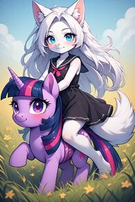 2girls animal_ear_fluff animal_ears artist:furryfunparty barefoot black_dress blue_eyes blush character:yuki cloud dress flower furry furry_female horns long_hair looking_at_viewer multicolored_hair multiple_girls outdoors purple_eyes riding sailor_collar single_horn sky sleeveless smile tail unicorn white_hair // 512x768 // 119KB