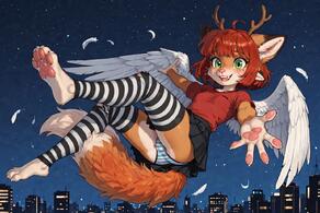 1girl 4ears :d ahoge antlers artist:aecii_3d character:rubi(aecii_3d) chimera falling feathers flying fox_tail green_eyes night_sky panties panties:striped red_hair skirt smile stars thighhighs thighhighs:striped tshirt wings wings:feathered // 1536x1024 // 210KB