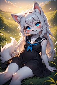 1girl animal_ear_fluff animal_ears artist:furryfunparty black_dress blue_eyes blush body_fur character:yuki closed_mouth dress furry furry_female grass loli long_hair looking_at_viewer outdoors sailor_collar sitting sleeveless sleeveless_dress smile solo tail white_fur white_hair young // 512x768 // 104KB