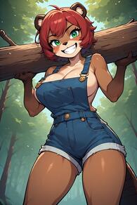1girl ahoge animal_ears artist:furryfunparty blue_overalls breasts brown_fur character:Becky_Redwood cleavage day forest furry furry_female green_eyes grin holding large_breasts looking_at_viewer naked_overalls nature outdoors overall_shorts overalls red_hair short_hair smile solo tail teeth tree // 512x768 // 102KB