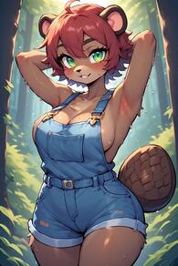 1girl ahoge animal_ears armpits arms_behind_head arms_up artist:furryfunparty blue_overalls blush breasts character:Becky_Redwood cleavage forest furry furry_female green_eyes large_breasts looking_at_viewer naked_overalls nature outdoors overall_shorts overalls red_hair short_hair smile solo sweat tail // 512x768 // 111KB