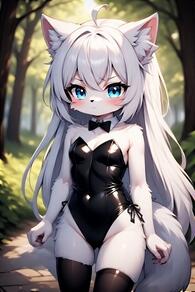 1girl :< ahoge animal_ear_fluff animal_ears artist:furryfunparty black_bow black_bowtie black_leotard black_thighhighs blue_eyes blush body_fur bow bowtie breasts bunnygirl character:yuki detached_collar furry furry_female highleg leather leotard long_hair looking_at_viewer outdoors small_breasts solo strapless strapless_leotard tail thighhighs white_hair wolf_ears wolf_girl wolf_tail // 512x768 // 131KB