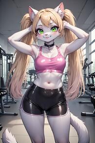 1girl :3 animal_ears armpits arms_up artist:furryfunparty black_shorts blonde_hair blush breasts cat_ears cat_girl cat_tail character:Kitty_Karmine choker furry furry_female green_eyes gym indoors long_hair looking_at_viewer medium_breasts navel shorts smile solo tail twintails // 512x768 // 102KB