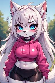 1girl :< ahoge animal_ear_fluff animal_ears animal_nose artist:furryfunparty black_shorts blue_eyes blush body_fur breasts character:yuki closed_mouth crop_top cropped_hoodie day drawstring female furry furry_female grey_fur hood hoodie large_breasts long_hair long_sleeves looking_at_viewer midriff navel outdoors pink_hoodie short_shorts shorts solo tail thigh_gap white_fur white_hair wolf young // 512x768 // 163KB