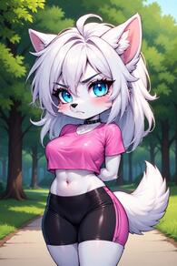 1girl ahoge animal_ears arms_behind_back artist:furryfunparty bike_shorts black_shorts blue_eyes blush breasts character:yuki crop_top cropped_shirt female furry furry_female looking_at_viewer medium_breasts midriff navel outdoors pink_shirt shirt shorts solo tail tree white_hair wolf young // 512x768 // 146KB