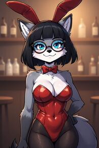 1girl :3 animal_ears artist:furryfunparty bar_(place) bare_shoulders black-framed_eyewear black_hair black_pantyhose blue_eyes blurry blush bow bowtie breasts bunnygirl character:Gabby cleavage closed_mouth covered_navel cowboy_shot detached_collar fake_animal_ears fishnets furry furry_female glasses hand_on_own_hip indoors large_breasts leotard looking_at_viewer pantyhose playboy_bunny rabbit_ears red_bow red_bowtie red_leotard round_eyewear short_hair smile solo strapless strapless_leotard tail wolf_ears wolf_girl wolf_tail // 512x768 // 120KB