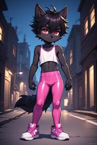1boy animal_ears artist:furryfunparty black_hair boy character:ash full_body furry furry_male looking_at_viewer male_focus navel night outdoors pants red_eyes shoes short_hair shota sky sneakers solo tail young // 512x768 // 86KB