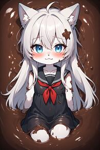 1girl :3 ahoge animal_ear_fluff animal_ears artist:furryfunparty black_dress blue_eyes blush chocolate chocolate_on_body dress furry furry_female hair_ornament long_hair looking_at_viewer neckerchief sailor_collar sailor_dress sleeveless sleeveless_dress solo white_hair // 512x768 // 101KB