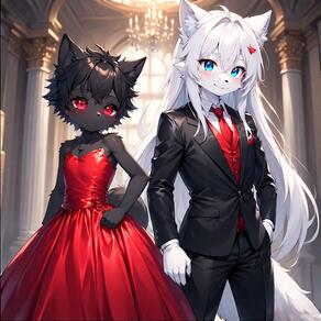 1boy 1girl animal_ear_fluff animal_ears artist:furryfunparty black_hair black_jacket black_pants blue_eyes blush character:ash character:yuki collared_shirt crossdresding crossdressing dress femboy formal furry furry_female furry_male gloves indoors jacket loli long_hair long_sleeves looking_at_viewer necktie pants red_dress red_eyes red_necktie shirt short_hair shota smile suit tail vest white_gloves white_hair white_shirt young // 768x768 // 209KB