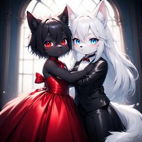 animal_ear_fluff animal_ears artist:furryfunparty black_hair black_jacket black_pants black_suit blue_eyes bow bowtie cat_ears character:ash character:yuki crossdresding dress femboy formal furry furry_female hair_between_eyes indoors jacket loli long_hair looking_at_viewer multiple_girls pants red_bow red_bowtie red_dress red_eyes shirt short_hair shota suit tail white_hair white_shirt young // 768x768 // 167KB