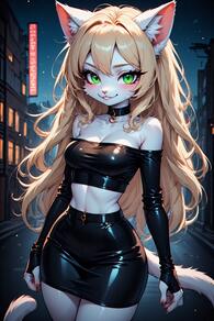 1girl animal_ears artist:furryfunparty bare_shoulders black_choker black_skirt blonde_hair blush breasts bridal_gauntlets cat_ears cat_girl cat_tail character:Kitty_Karmine choker cleavage collarbone cowboy_shot crop_top furry furry_female green_eyes leather long_hair looking_at_viewer medium_breasts midriff night off_shoulder outdoors pencil_skirt shiny_clothes skirt sky smile solo tail // 512x768 // 119KB