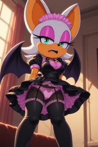 1girl alternate_costume animal_ears animal_nose artist:furryfunparty bat_ears bat_girl bat_wings black_dress black_thighhighs breasts cameltoe character:rouge_the_bat dress eyeshadow frills furry furry_female green_eyes indoors looking_at_viewer maid maid_headdress makeup medium_breasts open_mouth panties pantyshot pink_panties puffy_short_sleeves puffy_sleeves short_sleeves solo teeth thighhighs underwear upskirt wings // 512x768 // 115KB