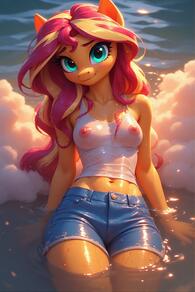 1girl animal_ears artist:furryfunparty blonde_hair blue_shorts breasts character:sunset_shimmer collarbone covered_nipples denim denim_shorts furry furry_female long_hair looking_at_viewer medium_breasts multicolored_hair my_little_pony navel nipples no_bra outdoors partially_submerged pink_hair see-through shirt short_shorts shorts smile solo water watermark wet wet_clothes wet_shirt // 512x768 // 134KB