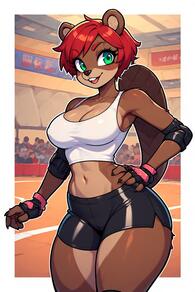 1girl animal_ears artist:furryfunparty black_shorts breasts brown_fur character:Becky_Redwood cleavage elbow_pads fingerless_gloves furry furry_female gloves green_eyes hand_on_own_hip large_breasts looking_at_viewer midriff navel red_hair short_hair shorts smile tail // 512x768 // 98KB
