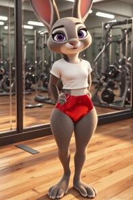 1girl animal_ears animal_feet animal_nose artist:furryfunparty body_fur breasts buruma character:judy_hopps full_body furry furry_female grey_fur gym gym_uniform indoors looking_at_viewer purple_eyes rabbit_ears rabbit_girl red_buruma shirt short_sleeves small_breasts smile solo standing white_shirt // 512x768 // 143KB