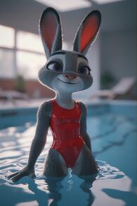 1girl animal_ears artist:furryfunparty blurry blurry_background character:judy_hopps furry furry_female grey_fur indoors looking_at_viewer one-piece_swimsuit pool purple_eyes rabbit_ears rabbit_girl red_one-piece_swimsuit smile solo swimsuit wading water wet // 512x768 // 102KB