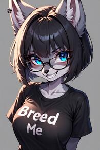1girl animal_ear_fluff animal_ears animal_nose artist:furryfunparty black-framed_eyewear black_hair black_shirt blue_eyes body_fur breasts character:Gabby clothes_writing collarbone furry furry_female glasses grey_background grey_fur grin large_breasts looking_at_viewer shirt short_hair short_sleeves simple_background smile solo t-shirt teeth upper_body // 512x768 // 122KB