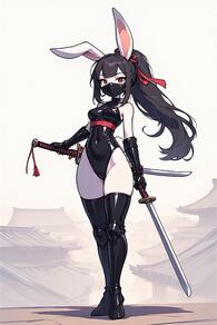 1girl animal_ears artist:furryfunparty black_gloves black_hair black_leotard black_thighhighs breasts covered_navel full_body gloves highleg highleg_leotard holding holding_sword holding_weapon katana latex leotard long_hair looking_at_viewer mask mouth_mask ninja ponytail rabbit_ears red_eyes solo standing sword thighhighs thighs weapon // 512x768 // 75KB
