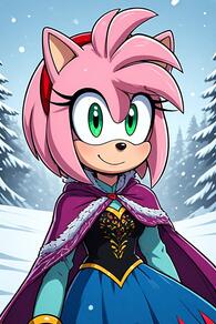 1girl animal_ears animal_nose artist:furryfunparty blue_skirt character:amy_rose cosplay fur_trim furry furry_female green_eyes hairband long_sleeves looking_at_viewer outdoors red_hairband skirt smile snow snowing solo // 512x768 // 118KB