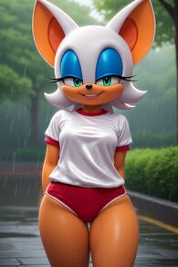 1girl animal_ears animal_nose arms_behind_back artist:furryfunparty bat_ears blue_eyeshadow blurry blurry_background breasts buruma character:rouge_the_bat cowboy_shot day eyeshadow furry furry_female green_eyes gym_uniform looking_at_viewer makeup outdoors panties rain red_buruma shirt short_sleeves smile solo standing teeth thighs tree underwear wet white_fur white_hair white_panties white_shirt // 512x768 // 98KB