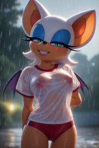 1girl animal_ears animal_nose arm_behind_back artist:furryfunparty bat_ears bat_girl bat_wings blue_eyeshadow blurry blurry_background breasts buruma character:rouge_the_bat covered_nipples cowboy_shot eyelashes eyeshadow furry furry_female green_eyes grin gym_uniform half-closed_eyes looking_at_viewer makeup naughty_face nipples no_bra outdoors rain red_buruma see-through shirt short_sleeves sky smile solo standing teeth water wet wet_clothes wet_shirt white_hair white_shirt wings // 512x768 // 102KB