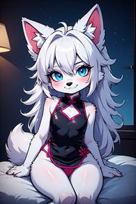 1girl ahoge animal_ear_fluff animal_ears artist:furryfunparty black_dress blue_eyes blush breasts character:yuki china_dress chinese_clothes cleavage_cutout clothing_cutout dress furry furry_female loli long_hair looking_at_viewer panties sitting small_breasts smile solo tail underwear white_fur white_hair wolf_ears wolf_tail young // 512x768 // 108KB