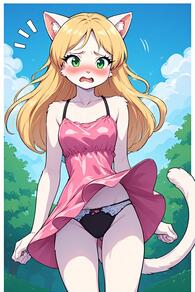 1girl animal_ears artist:furryfunparty ass_visible_through_thighs black_panties blonde_hair blush body_fur bow_panties breasts cat_ears cat_girl cat_tail character:Kitty_Karmine cloud dress embarrassed furry furry_female green_eyes long_hair looking_at_viewer open_mouth outdoors panties pink_dress sky solo tail underwear white_fur wind wind_lift // 512x768 // 116KB