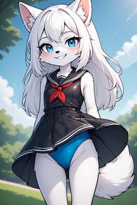 1girl animal_ear_fluff animal_ears artist:furryfunparty black_sailor_collar black_skirt blue_eyes blue_one-piece_swimsuit blush character:yuki furry furry_female grin loli long_hair looking_at_viewer neckerchief one-piece_swimsuit outdoors sailor_collar skirt sky sleeveless smile solo swimsuit swimsuit_under_clothes tail white_hair wind_lift young // 512x768 // 99KB