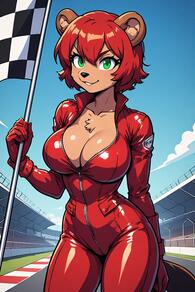 1girl animal_ears artist:furryfunparty bodysuit breasts character:Becky_Redwood cleavage flag furry furry_female green_eyes holding holding_flag large_breasts latex looking_at_viewer red_hair short_hair smile solo tail // 512x768 // 121KB