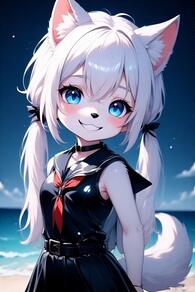 1girl animal_ear_fluff animal_ears artist:furryfunparty beach belt black_choker black_dress black_sailor_collar blue_eyes blush character:yuki choker dress furry furry_female loli long_hair looking_at_viewer low_twintails neckerchief ocean outdoors petite sailor_collar sailor_dress sky sleeveless sleeveless_dress smile solo tail twintails white_hair young // 512x768 // 117KB