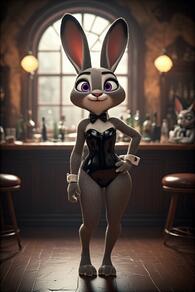 1girl alcohol animal_ears animal_feet animal_nose artist:furryfunparty bar_(place) bare_shoulders black_bow black_bowtie black_leotard blurry blurry_background body_fur bottle bow bowtie breasts bunnygirl character:judy_hopps depth_of_field detached_collar drinking_glass fishnet_pantyhose fishnets full_body furry furry_female grey_fur hand_on_own_hip indoors latex leotard looking_at_viewer pantyhose playboy_bunny purple_eyes rabbit rabbit_ears rabbit_girl small_breasts smile solo solo_focus standing strapless strapless_leotard window wrist_cuffs // 512x768 // 78KB