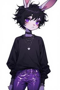 1boy animal_ears artist:furryfunparty black_hair black_shirt bunny chain_necklace choker cowboy_shot femboy furry furry_male jewelry long_sleeves looking_at_viewer male_focus necklace pants purple_eyes rabbit_ears shirt short_hair simple_background solo white_background // 512x768 // 69KB
