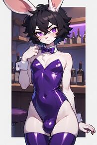 1boy animal_ears artist:furryfunparty bar_(place) black_hair blush bottle bow bowtie bulge bunny covered_navel detached_collar femboy furry furry_male hair_between_eyes leotard looking_at_viewer male_focus otoko_no_ko purple_bowtie purple_eyes purple_leotard purple_thighhighs rabbit_ears short_hair solo thighhighs wrist_cuffs // 512x768 // 82KB