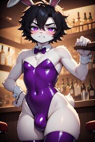 1boy animal_ears artist:furryfunparty bar_(place) black_hair blush bow bowtie bulge bunny covered_navel detached_collar femboy furry furry_male leotard looking_at_viewer male_focus male_playboy_bunny otoko_no_ko playboy_bunny purple_bowtie purple_eyes purple_leotard purple_thighhighs rabbit_ears rabbit_tail short_hair solo tail thighhighs wrist_cuffs // 512x768 // 94KB