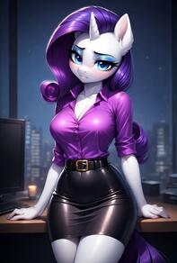 1girl animal_ears artist:furryfunparty belt black_skirt blue_eyes breasts character:Rarity cleavage furrification furry furry_female horns horse_ears large_breasts long_hair looking_at_viewer makeup my_little_pony night office pencil_skirt personification purple_hair purple_shirt shirt shirt_tucked_in single_horn skirt solo tail // 506x750 // 99KB