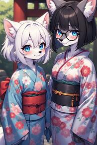 2girls animal_ears artist:furryfunparty black-framed_eyewear black_hair blue_eyes blush character:Gabby character:yuki closed_mouth floral_print furry furry_female glasses japanese_clothes kimono looking_at_viewer multiple_girls obi sash short_hair smile tail white_hair // 512x768 // 188KB