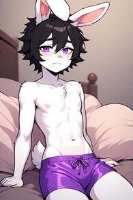 1boy animal_ears artist:furryfunparty black_hair blush boxer_shorts character:Sebastion furry furry_male looking_at_viewer male_focus navel nipples purple_eyes rabbit_boy rabbit_ears rabbit_tail short_hair shorts solo tail topless_male white_fur // 512x768 // 83KB