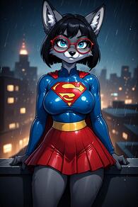1girl animal_ears animal_nose artist:furryfunparty black_hair blue_eyes breasts cape character:Gabby covered_nipples furry furry_female glasses grey_fur latex looking_at_viewer night pleated_skirt rain red_skirt short_hair skirt sky smile snout solo superhero // 512x768 // 94KB