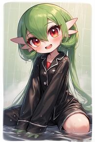 1girl alternate_hair_length alternate_hairstyle artist:furryfunparty blush character:gardevoir collarbone green_hair hair_between_eyes long_hair long_sleeves looking_at_viewer open_mouth pokemon pokemon_(creature) red_eyes shirt sitting sleeves_past_wrists smile solo teeth wariza water wet wet_hair // 512x768 // 137KB