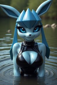 1girl :3 animal_ears animal_nose artist:furryfunparty bare_shoulders blue_eyes blue_fur blue_hair blue_sclera blurry blurry_background breasts cleavage cleavage_cutout closed_mouth clothing_cutout colored_sclera furry furry_female large_breasts looking_at_viewer outdoors partially_submerged personification pokemon pokemon_(creature) shiny_clothes sleeveless smile solo straight-on upper_body water wet // 512x768 // 119KB