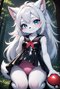 1girl :3 animal_ear_fluff animal_ears animal_nose artist:furryfunparty blue_eyes blush character:yuki dress furry furry_female holding holding_poke_ball loli long_hair looking_at_viewer nature outdoors panties pink_panties poke_ball poke_ball_(basic) sleeveless smile solo tail underwear white_fur white_hair // 512x768 // 107KB