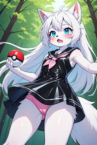 1girl ahoge animal_ear_fluff animal_ears animal_nose artist:furryfunparty black_sailor_collar blue_eyes blush body_fur cameltoe character:yuki dress furry furry_female holding holding_poke_ball loli long_hair neckerchief open_mouth outdoors panties pantyshot pink_panties poke_ball poke_ball_(basic) sailor_collar sleeveless sleeveless_dress solo tail underwear white_fur white_hair // 512x768 // 117KB