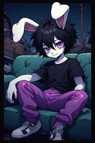 1boy animal_ears artist:furryfunparty black_hair black_shirt character:Sebastion furry furry_male looking_at_viewer male_focus night pants purple_eyes rabbit_ears shirt shoes short_hair sitting sky sneakers solo t-shirt // 512x768 // 99KB